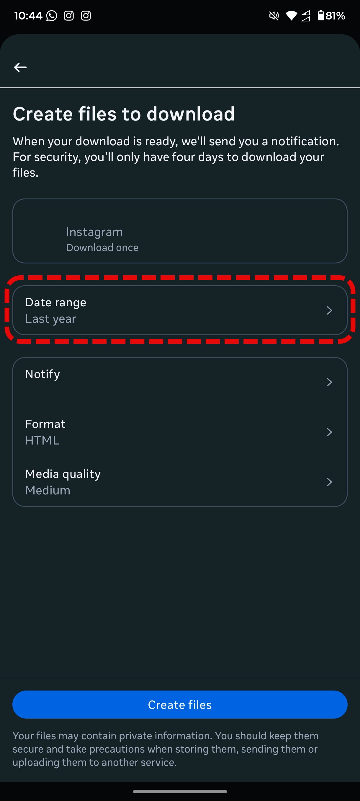 Instagram account information date range