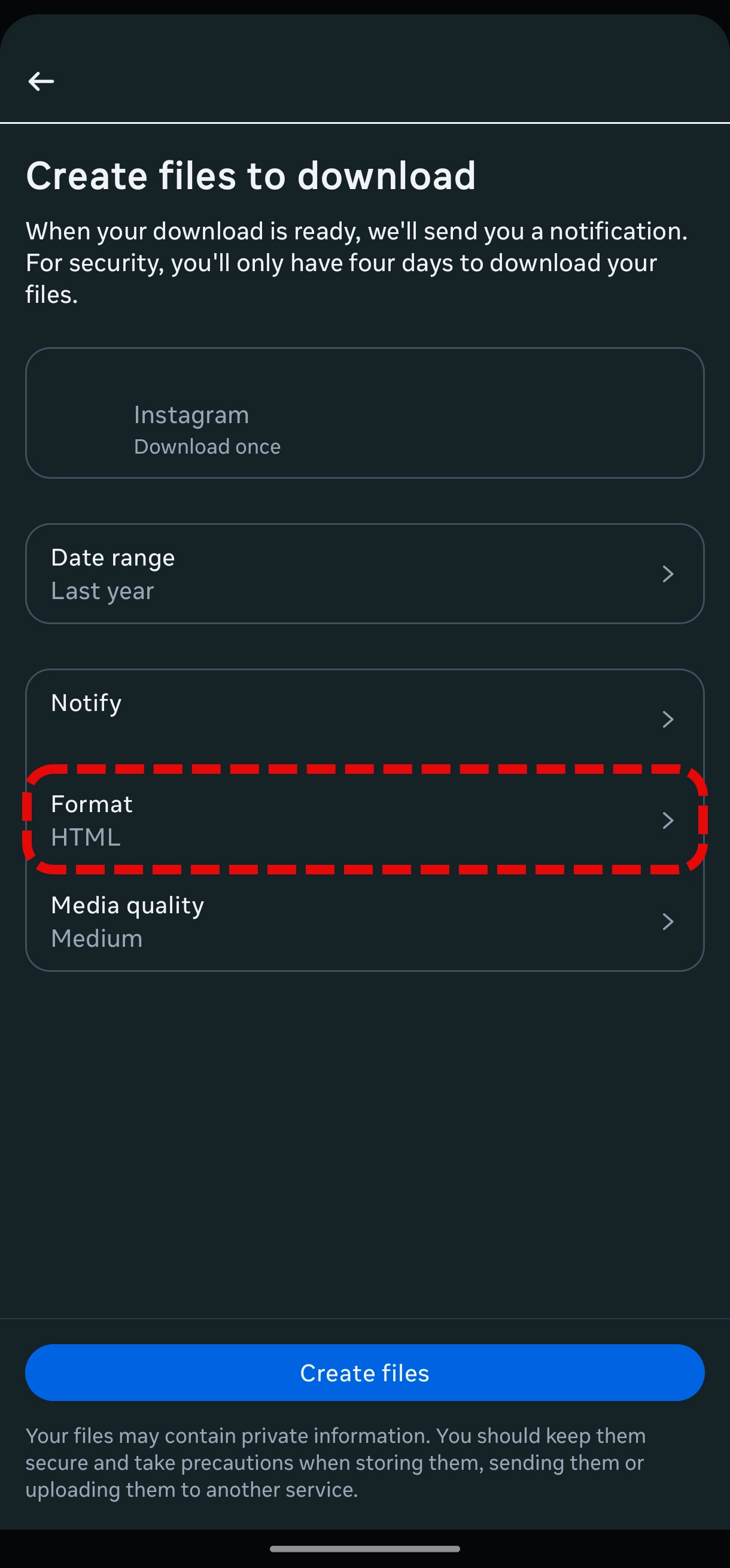 Instagram account information format