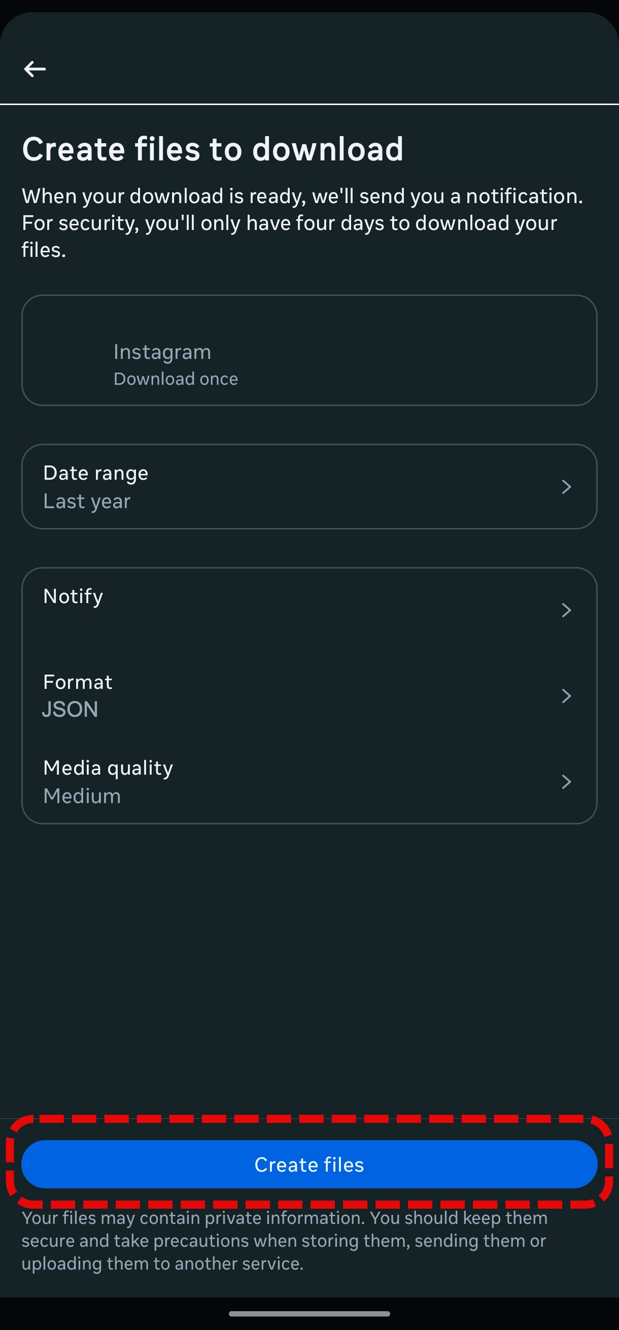 Instagram account information create files