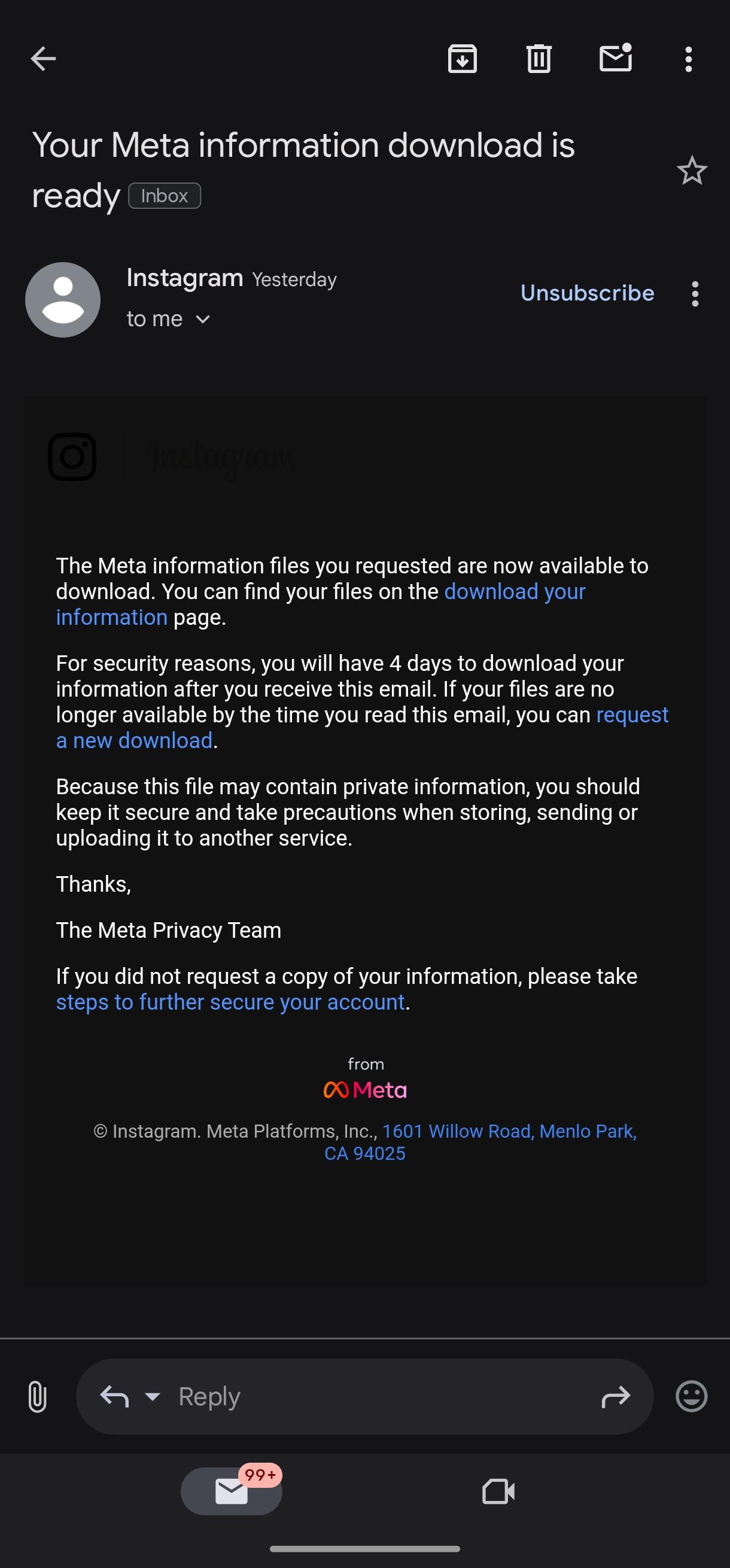 Instagram account information download zip file email
