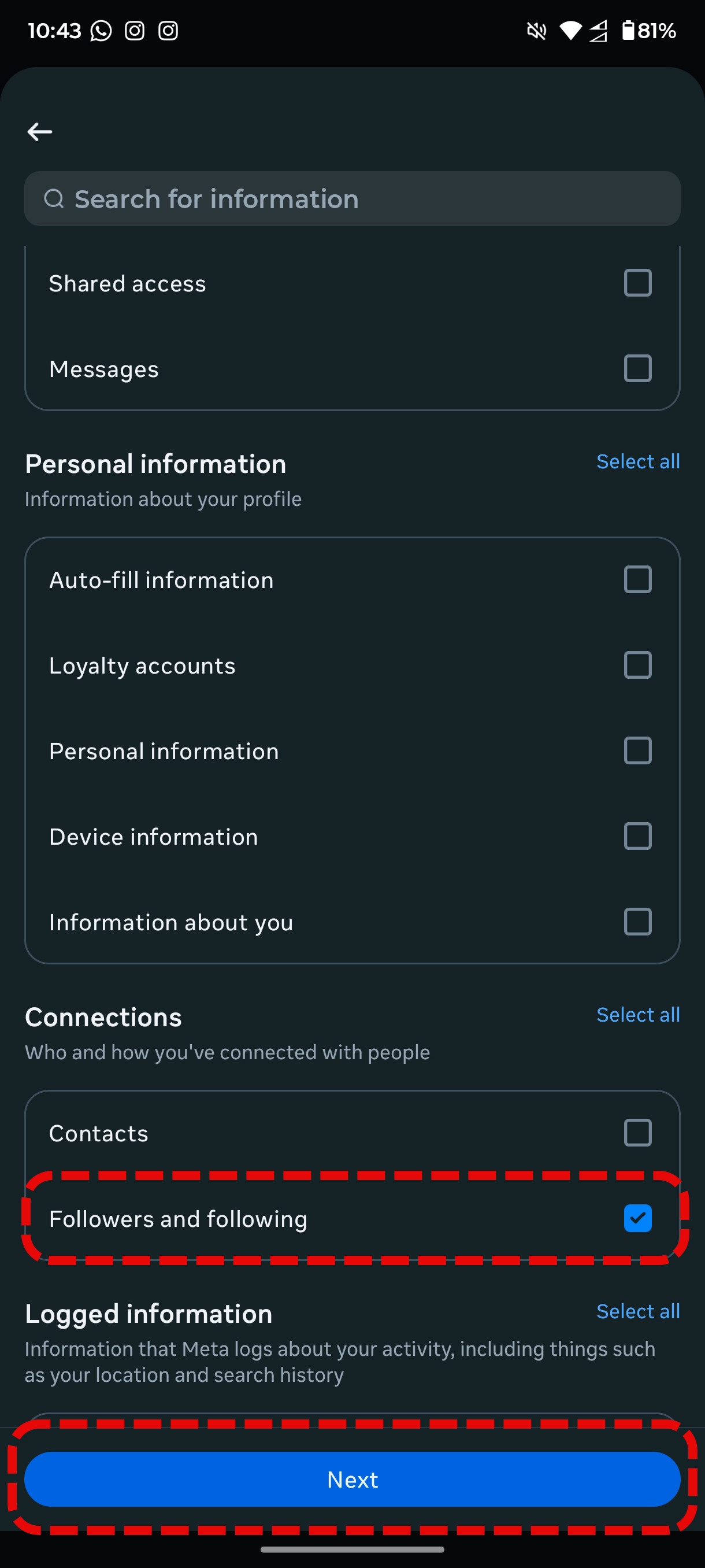 Instagram account information connections, following and followers